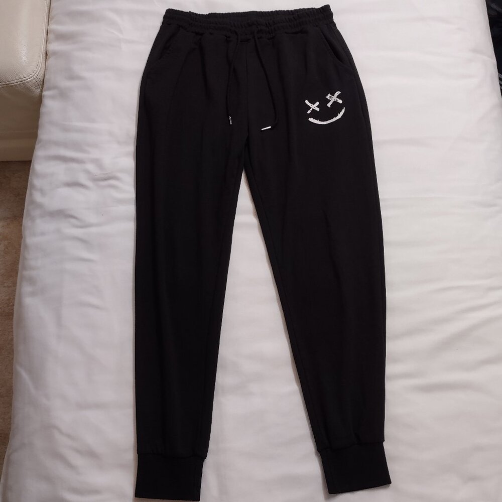 Like-New Black Sweatpants with Smiley Face and Drawstring